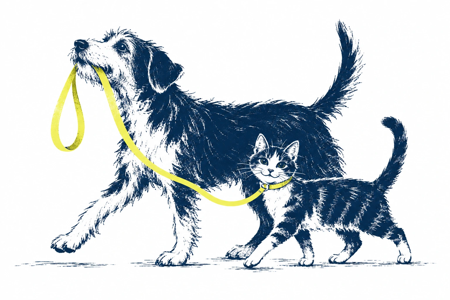 Ink drawing of a terrier carrying a yellow lead, walking alongside a small cat